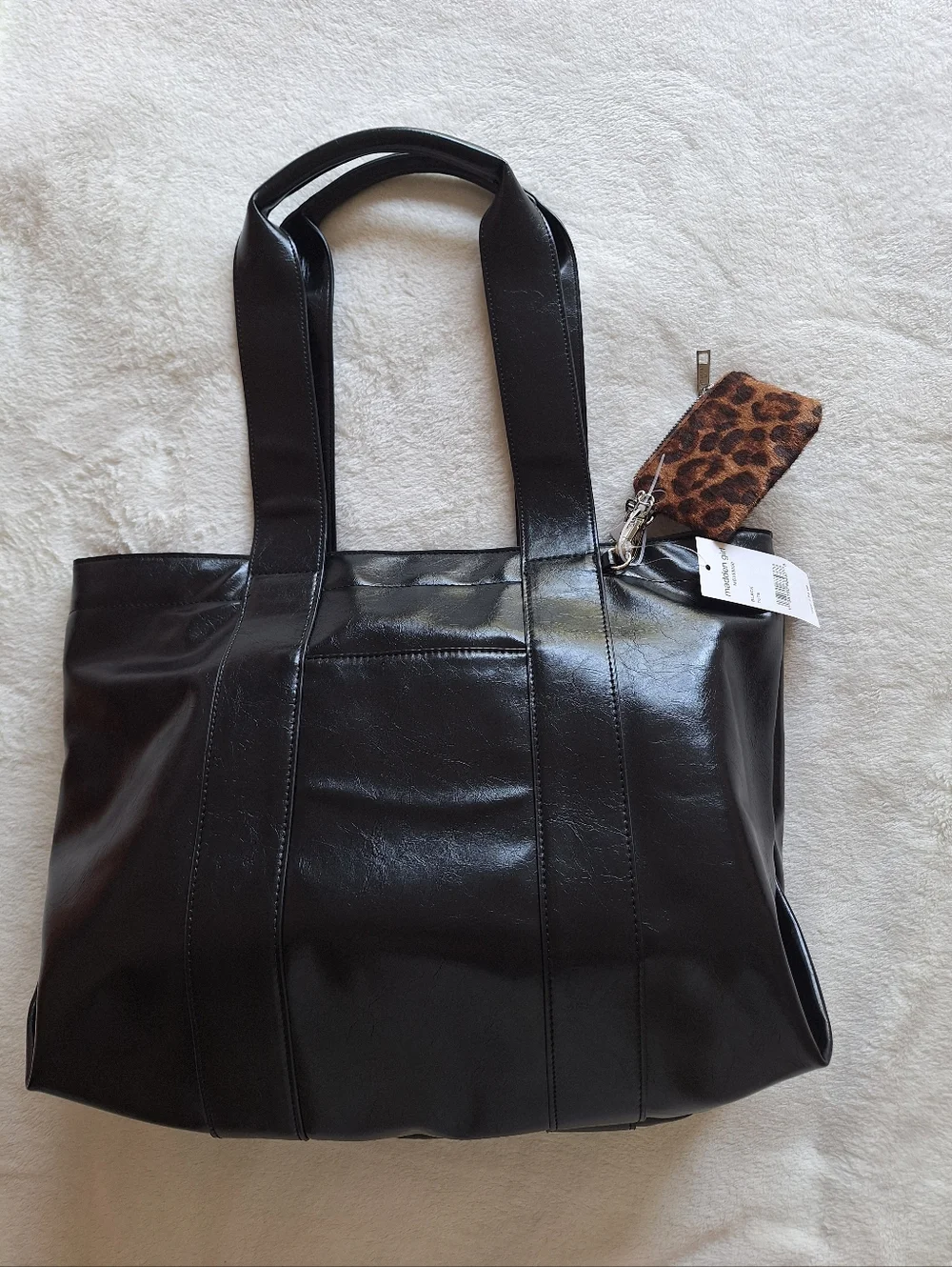 NWT Madden Girl Black Crinkle Tote Set + Leopard Pouch & Heart Charms